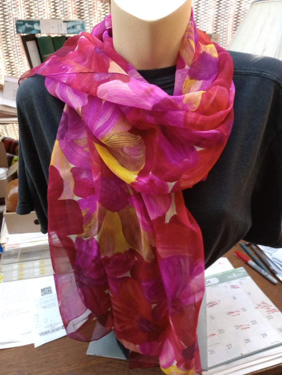 Rose colored flower design chiffon scarf- 72"x20" - image 1