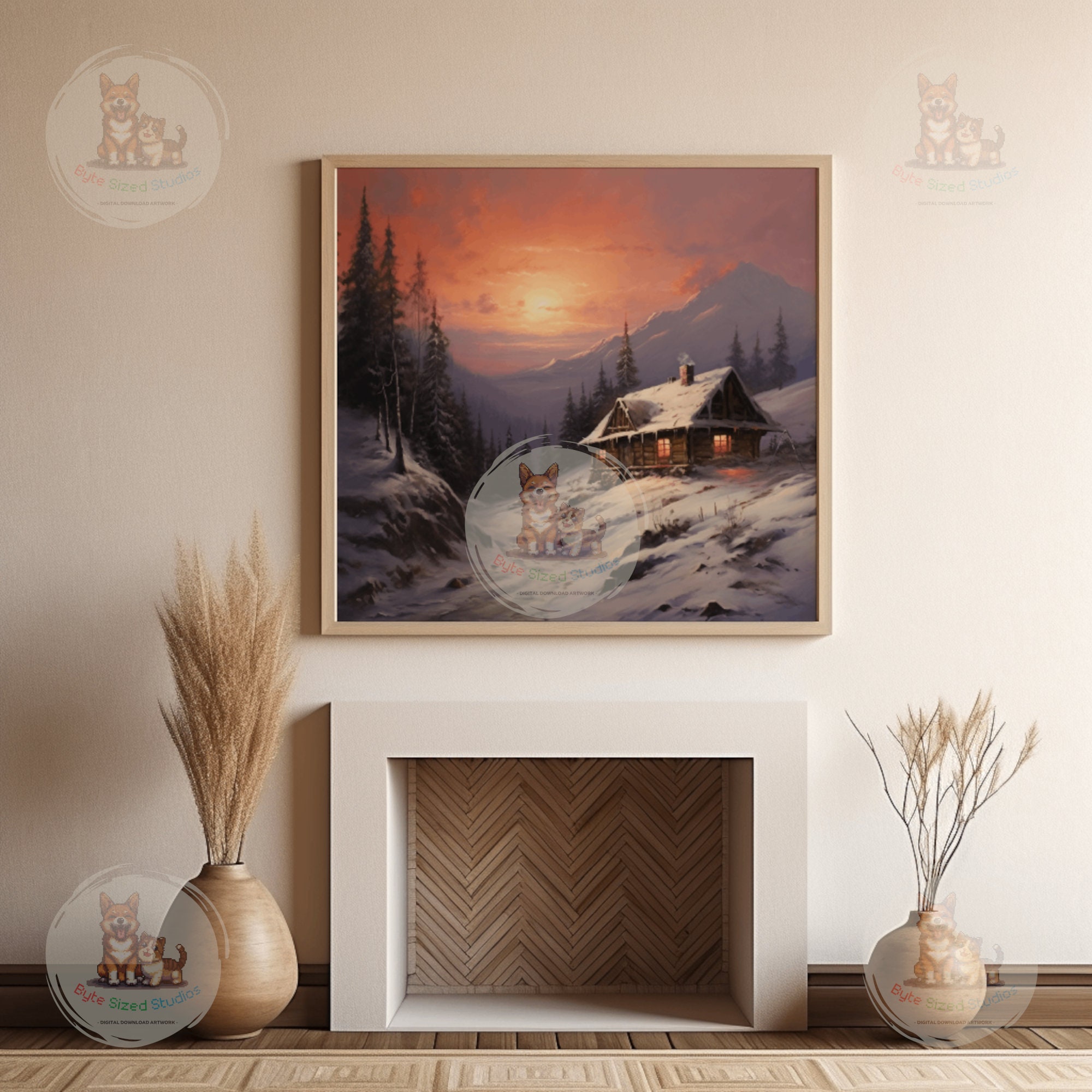 Printable Rustic Winter Mountain Cabin Snowy Sunset PRINTABLE Wall Art ...