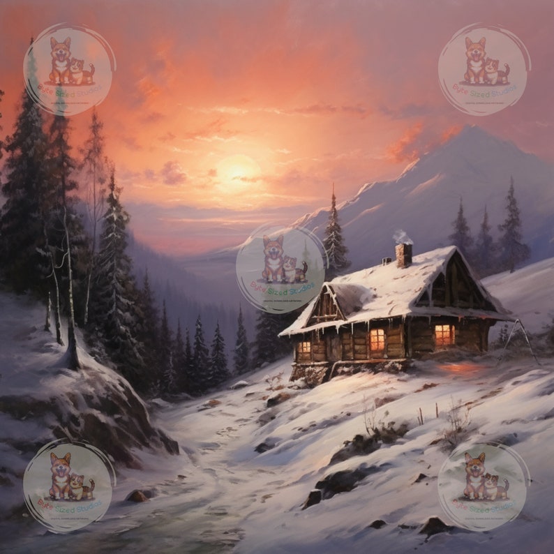 Printable Rustic Winter Mountain Cabin Snowy Sunset | PRINTABLE Wall ...