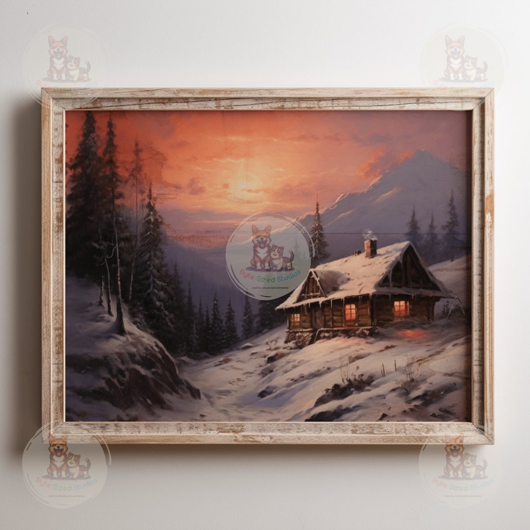 Printable Rustic Winter Mountain Cabin Snowy Sunset | PRINTABLE Wall ...