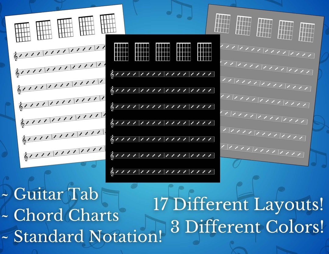 Tablature, Staff Paper, Chord Charts, 17 Different Layouts, 3 Colors ...