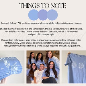 Pu&ograve; includere: Una t-shirt azzurro chiaro con stampe grafiche bianche. Il testo riporta THINGS TO NOTE, Comfort Colors 1717, LAST TOAST e Caitlin's Bachelorette. La grafica mostra un calice da champagne e due conchiglie. Cinque persone indossano le t-shirt.