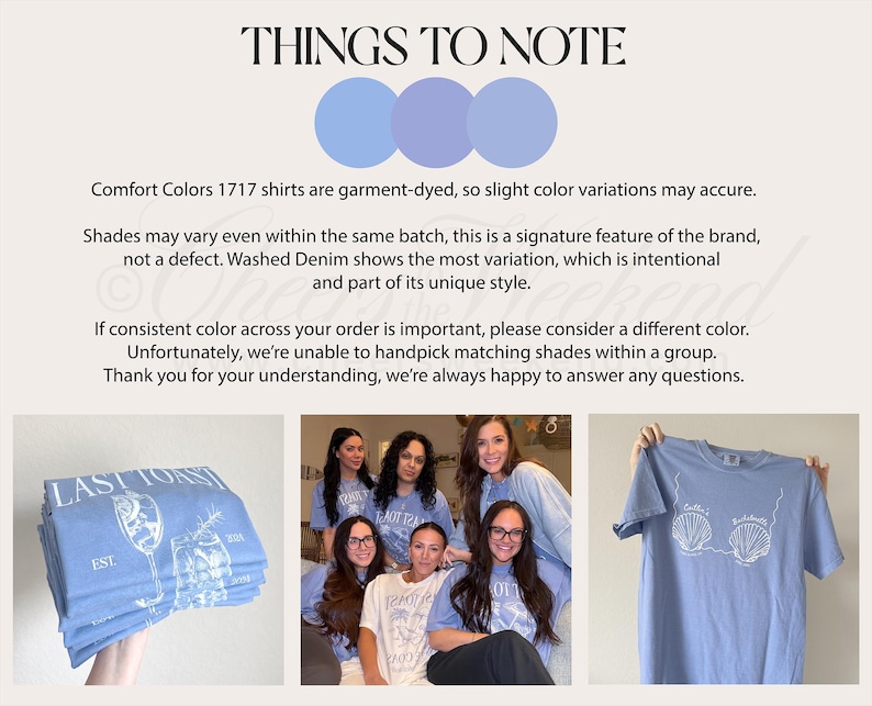 Pu&ograve; includere: Una t-shirt azzurro chiaro con stampe grafiche bianche. Il testo riporta THINGS TO NOTE, Comfort Colors 1717, LAST TOAST e Caitlin's Bachelorette. La grafica mostra un calice da champagne e due conchiglie. Cinque persone indossano le t-shirt.