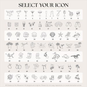 K&ouml;nnte beinhalten: Ein Raster aus vierundsechzig grauen Strichzeichnungen mit der &Uuml;berschrift SELECT YOUR ICON oben. Die Symbole zeigen verschiedene Cocktails, Bierkr&uuml;ge, Muscheln, Meerjungfrauen, Palmen, Cowboystiefel, H&uuml;te, Pferde, Ringe, W&uuml;rfel und Kirschen.