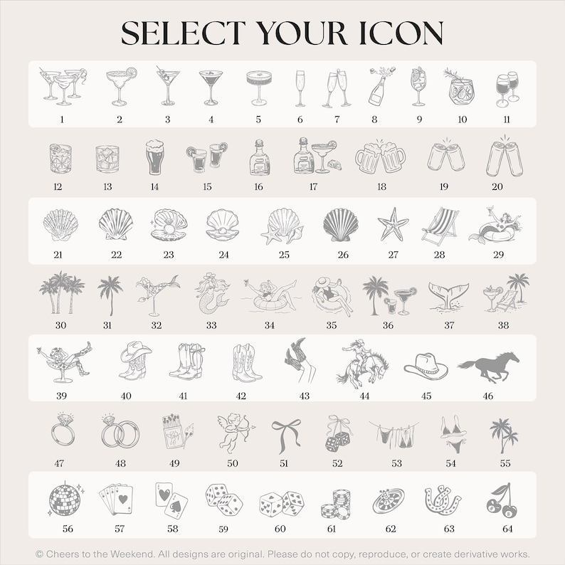 K&ouml;nnte beinhalten: Ein Raster aus vierundsechzig grauen Strichzeichnungen mit der &Uuml;berschrift SELECT YOUR ICON oben. Die Symbole zeigen verschiedene Cocktails, Bierkr&uuml;ge, Muscheln, Meerjungfrauen, Palmen, Cowboystiefel, H&uuml;te, Pferde, Ringe, W&uuml;rfel und Kirschen.