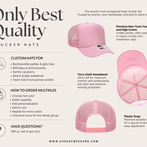 Puede incluir: Una gorra de camionero de espuma rosa claro con parte trasera de malla, corona alta y cierre de broche de pl&aacute;stico. La imagen incluye el texto: Only Best Quality Trucker Hats, Premium Non-Toxic Foam and High Crown, Terry Cloth Sweatband.