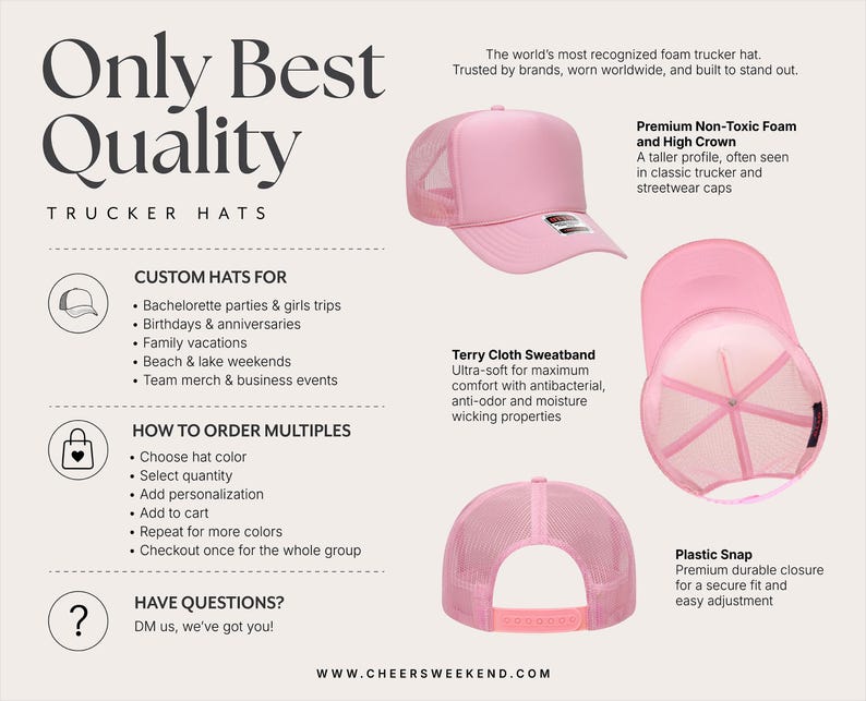 Puede incluir: Una gorra de camionero de espuma rosa claro con parte trasera de malla, corona alta y cierre de broche de pl&aacute;stico. La imagen incluye el texto: Only Best Quality Trucker Hats, Premium Non-Toxic Foam and High Crown, Terry Cloth Sweatband.