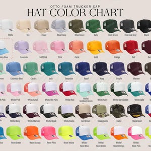 Puede incluir: Una carta de colores para gorras de camionero de espuma Otto que muestra una gran variedad de gorras s&oacute;lidas y de dos tonos. La cuadr&iacute;cula presenta filas de gorras en colores como blanco, beige, caqui, gris, oliva, verde, negro y ne&oacute;n.