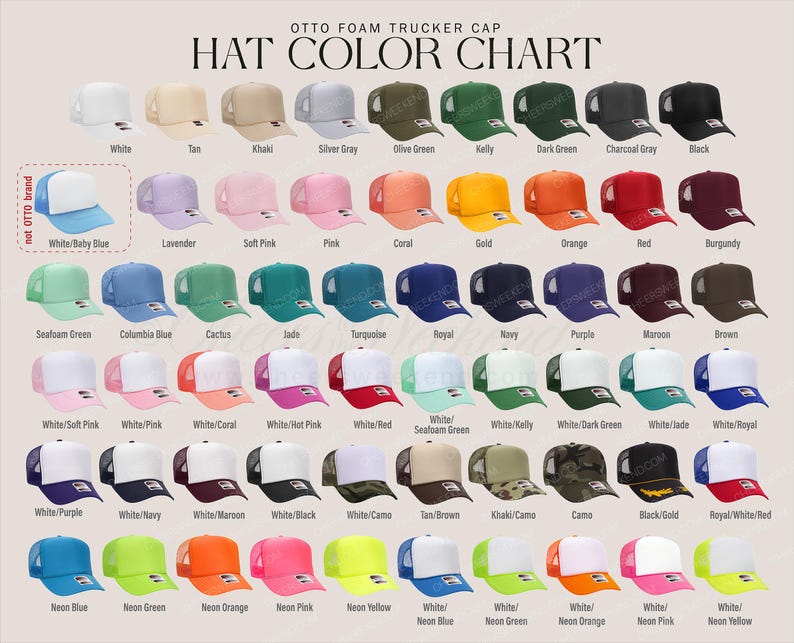 Puede incluir: Una carta de colores para gorras de camionero de espuma Otto que muestra una gran variedad de gorras s&oacute;lidas y de dos tonos. La cuadr&iacute;cula presenta filas de gorras en colores como blanco, beige, caqui, gris, oliva, verde, negro y ne&oacute;n.