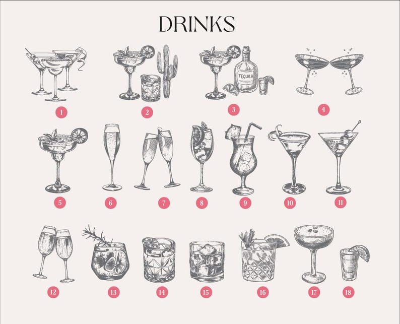 Pu&ograve; includere: Una collezione di diciotto illustrazioni a tratto in bianco e nero di vari cocktail e bevande etichettate con i numeri da uno a diciotto. La parola DRINKS &egrave; stampata in nero nella parte superiore centrale dell'immagine, con vari bicchieri.