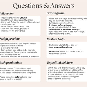 Puede incluir: Un gr&aacute;fico informativo titulado Questions & Answers con secciones para Bulk order, Printing time, Design preview, Custom Logo, Rush production y Expedited delivery. El texto proporciona instrucciones para realizar pedidos de sombreros.
