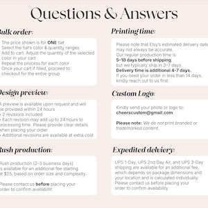 K&ouml;nnte beinhalten: Eine informative Grafik mit dem Titel Questions & Answers auf hellem Hintergrund mit dunklem Text. Sie erl&auml;utert Richtlinien f&uuml;r Gro&szlig;bestellungen, Designvorschauen, Eilproduktion, Druckzeiten, das Einreichen von Logos per E-Mail und Versandoptionen.