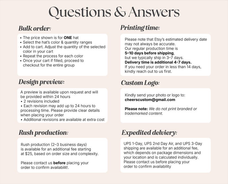 K&ouml;nnte beinhalten: Eine informative Grafik mit dem Titel Questions & Answers auf hellem Hintergrund mit dunklem Text. Sie erl&auml;utert Richtlinien f&uuml;r Gro&szlig;bestellungen, Designvorschauen, Eilproduktion, Druckzeiten, das Einreichen von Logos per E-Mail und Versandoptionen.