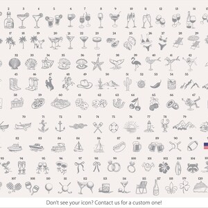 May include: A collection of 121 small, black and white illustrations of various objects and icons, including cocktails, palm trees, seashells, and wedding rings. The text at the bottom reads, "Don't see your icon? Contact us for a custom one!"