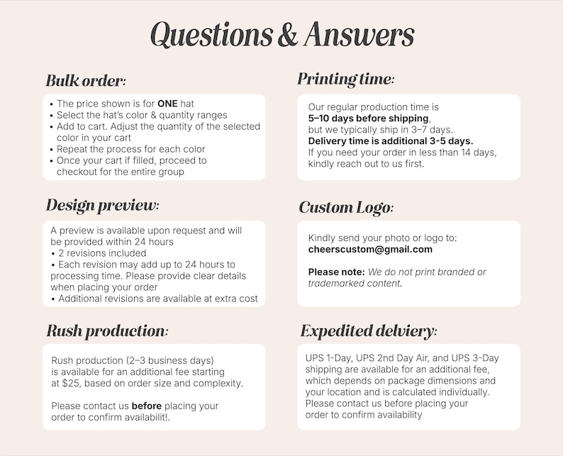 May include: A beige graphic with the title "Questions & Answers" in a handwritten font. The image contains text about bulk orders, design previews, rush production, printing time, custom logos, and expedited delivery.