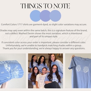 May include: An informational graphic titled THINGS TO NOTE featuring three blue circles, text regarding Comfort Colors 1717 garment-dyed shirt color variations, and three photos showing light blue t-shirts with white graphic prints of glasses and shells.