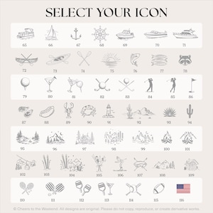 K&ouml;nnte beinhalten: Ein Raster aus grauen Strichzeichnungen mit der &Uuml;berschrift SELECT YOUR ICON, das nautische, Sport-, Natur- und Campingmotive von 65 bis 116 zeigt, darunter Boote, Golf, Berge, B&auml;ume und eine kleine amerikanische Flagge unten rechts.