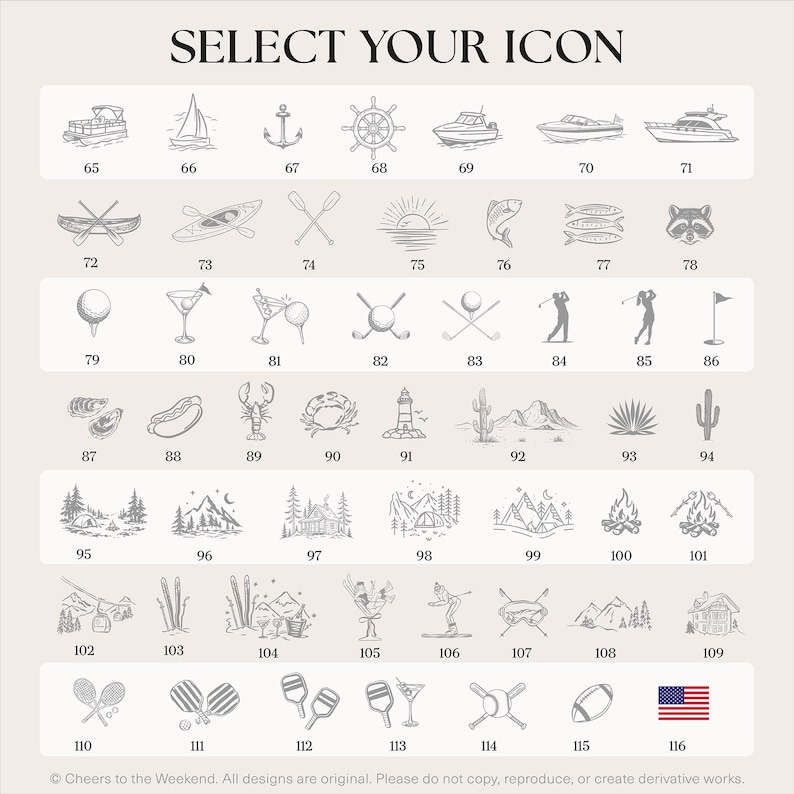 K&ouml;nnte beinhalten: Ein Raster aus grauen Strichzeichnungen mit der &Uuml;berschrift SELECT YOUR ICON, das nautische, Sport-, Natur- und Campingmotive von 65 bis 116 zeigt, darunter Boote, Golf, Berge, B&auml;ume und eine kleine amerikanische Flagge unten rechts.