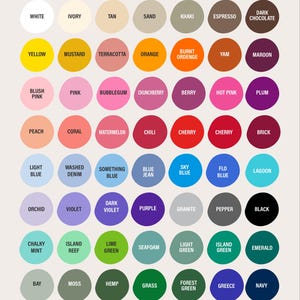 Pu&ograve; includere: Una tabella dei colori di stampa che presenta una griglia di campioni di colore circolari con le relative etichette di testo. La tabella include un'ampia variet&agrave; di tonalit&agrave; che vanno dal bianco, beige ed espresso al giallo, rosa, blu, verde e nero. Il titolo recita PRINT COLOR CHART e una nota in basso specifica: Please note: Colors shown are for reference only and may vary due to monitor settings and printing processes.