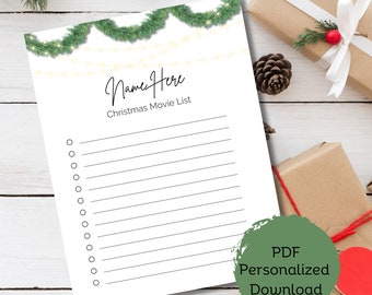 Personalized Christmas Movie List I Movie Tracker I Xmas Movie Planner I Custom Text Printable I Family Movie List I Christmas Movies I PDF