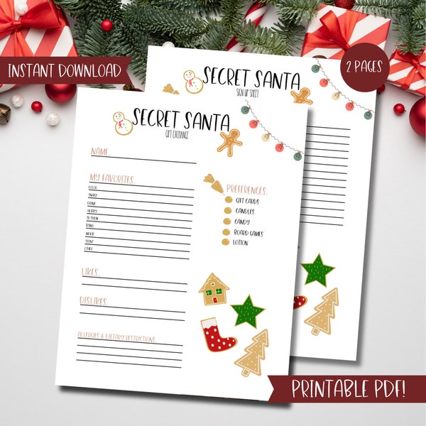 Secret Santa Printable I Secret Santa Signup I Gift Survey I Secret Santa Questionnaire I Gift Exchange I Christmas Cookies I PDF