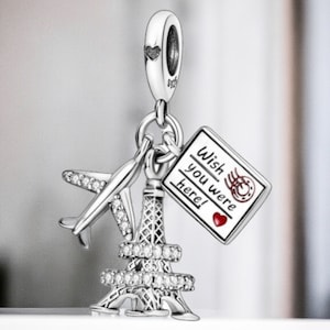 Avion Paris Tour Eiffel Carte postale de voyage Carte de vœux Europe France Bouchon Spacer Charm 925 Argent Charm Bracelet Bijoux Pendentif Accessoires