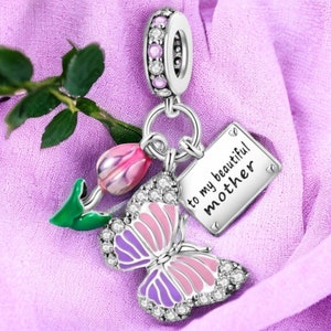 For My Beautiful Mother - Tulipán Mariposa Carta Regalo Día de la Madre Charm 925 Plata Charm Pulsera Joyería Colgante Accesorios Decoración