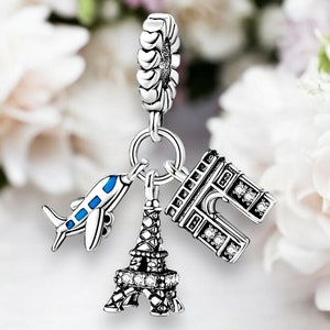 Breloque en argent 925 représentant un avion, la Tour Eiffel, un arc de triomphe, un voyage à Paris, un pendentif, un accessoire pour bracelet