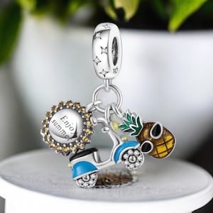Summertime Summer Fun Scooter Sun Pineapple Sunhat Beach Sea Holiday Beach Charm 925 Silver Charm Bracelet Jewelry Pendant Accessory