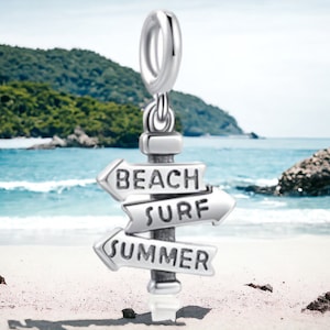 Beach Surf Summer Beachlife Beach Holiday Surfboard Signpost Holiday Charm 925 Silver Charm Bracelet Jewelry Pendant Accessories Decoration