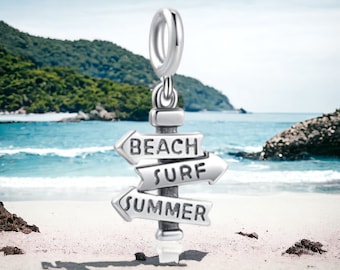 Beach Surf Summer Beachlife Beach Vacation Surfboard Signpost Holiday Charm 925 Silver Charm Bracelet Jewelry Pendant Accessory Decoration