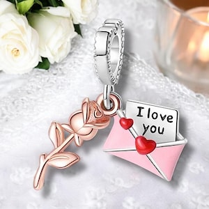Lettera d'amore e rosa, idea regalo per partner, lettera postale, biglietto d'auguri, braccialetto con ciondolo in argento 925, gioielli, ciondoli e accessori