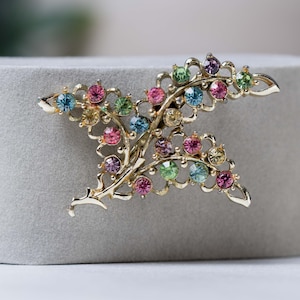 Vintage Coro Brooch 1960s, Gold Tone with Colorful Rhinestones, Mid Century Jewelry