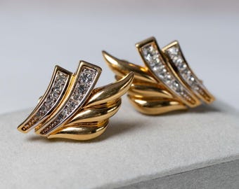 Orecchini a clip vintage di Nina Ricci, anni '80, color oro, con strass, gioielli di design.