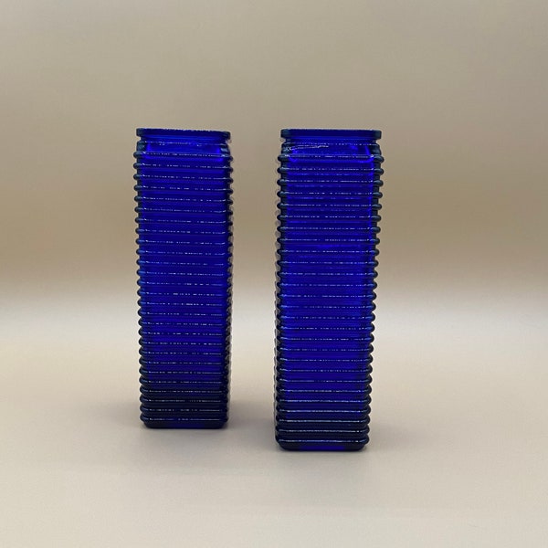 Pair of Cobalt Blue Ribbed Glass Vases