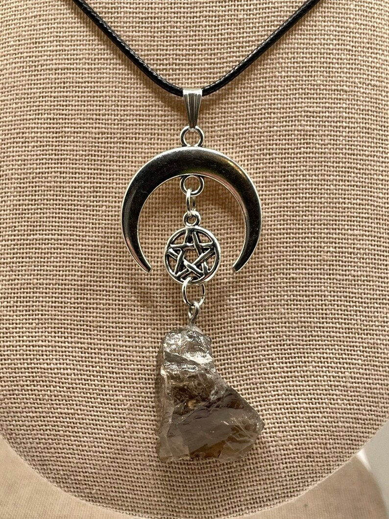 Rough Crystal Moon Pentacle Pendant/pendulum. Gemstone Moon Necklace