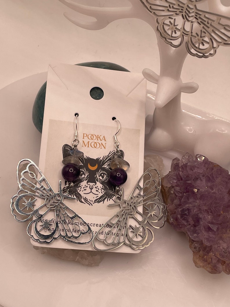 Celestial Butterfly Stainless Steel Drop Earrings With Labradorite and Amethyst. Witchy Crystal