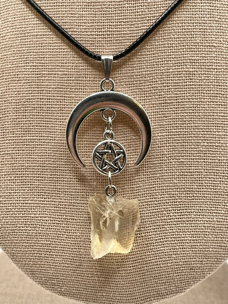 Rough Crystal Moon Pentacle Pendant/pendulum. Gemstone Moon Necklace