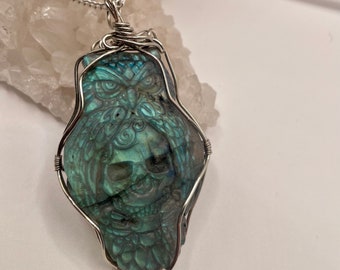 Owl and Skull Carved Labradorite Pendant , Witchy Jewelry, Silver Plated Copper Wire Wrap Stone on Sterling Silver Plated Chain.