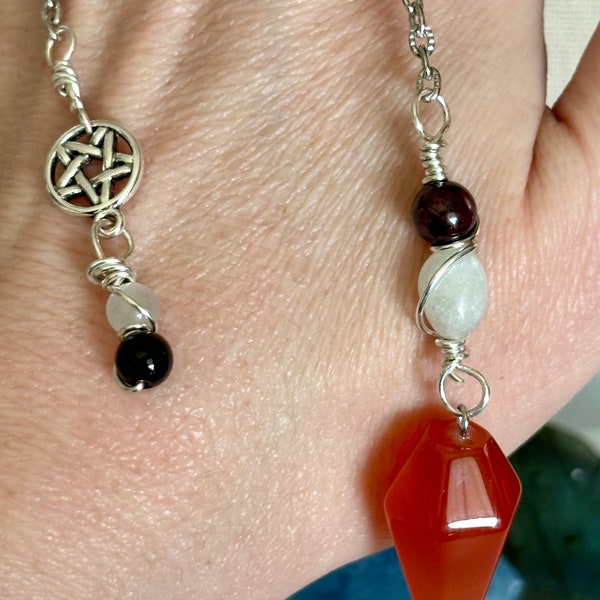 Gemstone Pendulum With Selenite, Obsidian, and Pentacle. Magickal Divination Crystal Pendulum With Pentagram.