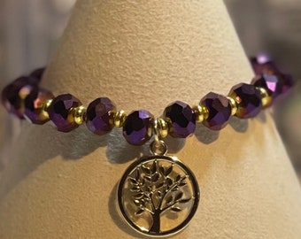Purple Crystal Glass Bead Bracelet with Tree Charm