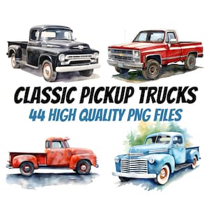 Imágenes prediseñadas de camioneta clásica, imágenes prediseñadas de camioneta en acuarela, autos clásicos, para manualidades de papel e impresión bajo demanda, licencia comercial, scrapbooking