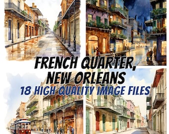 French Quarter New Orleans, Watercolor French Quarter, Louisiana Clipart, Paper Crafts, Printing, Scrapbooking, Card Making, Commercial Lic