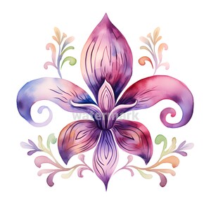 Puede incluir: Una pintura de acuarela de una flor estilizada de color p&uacute;rpura con detalles intrincados y enredaderas en espiral en tonos de verde, naranja y rosa.