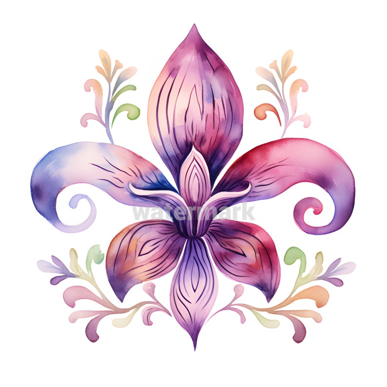 Puede incluir: Una pintura de acuarela de una flor estilizada de color p&uacute;rpura con detalles intrincados y enredaderas en espiral en tonos de verde, naranja y rosa.