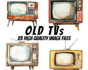 Old TV Clipart, Vintage Television Sets, Antique TV, Watercolor Clipart, For Paper Crafts Scrapbooking Card Making, Commercial License Incl