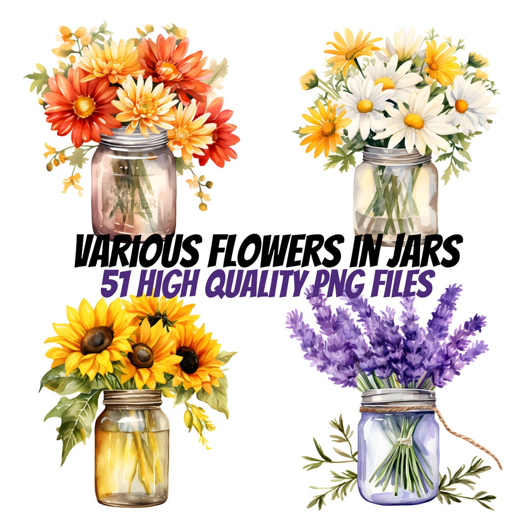 Various Flowers in Glass Jars Watercolor Clipart, Flowers in Mason Jar