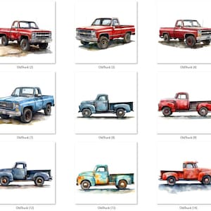 May include: A collection of 15 watercolor paintings of vintage pickup trucks. Each truck is painted in a different color combination, including blue, red, and rust. The trucks are all in various states of wear and tear, giving them a rustic and vintage look.