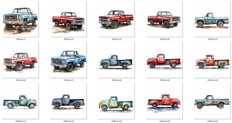 May include: A collection of 15 watercolor paintings of vintage pickup trucks. Each truck is painted in a different color combination, including blue, red, and rust. The trucks are all in various states of wear and tear, giving them a rustic and vintage look.