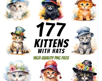 Kittens with Hats Watercolor Clipart, Kitten Clipart, Great for Paper Crafts, Print on Demand, Commercial License, Scrapbooking, Stationary